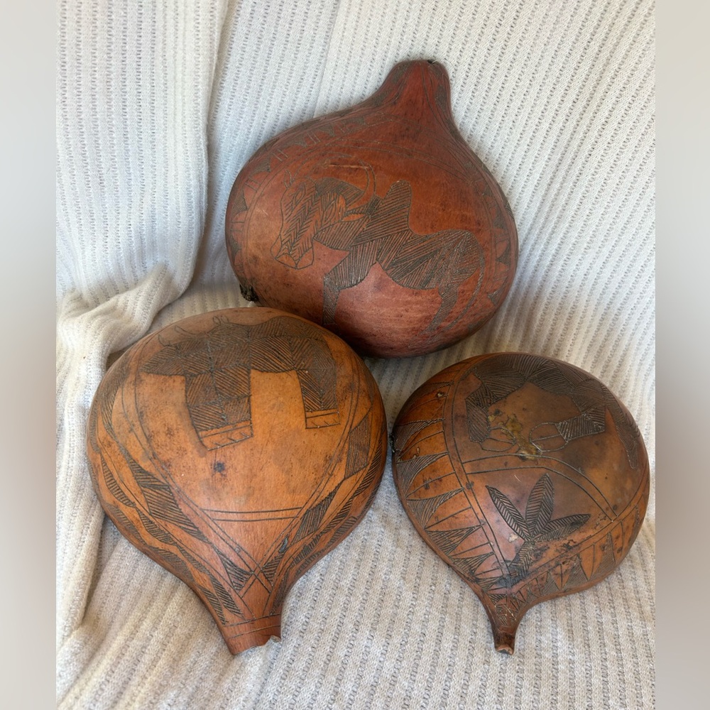African Half Gourd Hand Etched Container Kamba Kenya set of 3